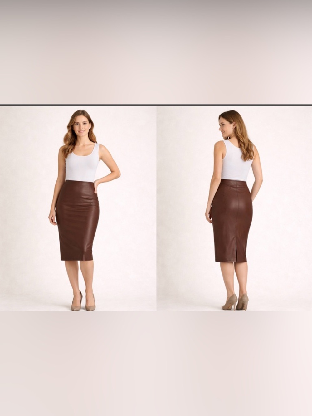 SPANX Faux Leather Pencil Skirt Brown High Waisted Shaping Midi S